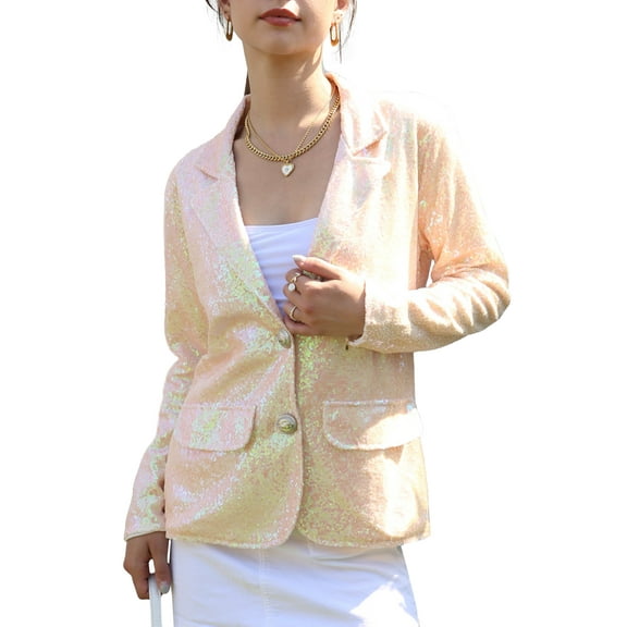 Women's Evening Sparkle Sequins Open Front Long Sleeve Blazer Jacket,Light Pink,Small