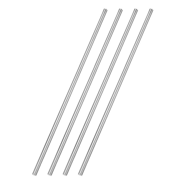 4 Pack 304 Stainless Steel Round Rods, each with a 1/4-inch diameter and 12-inch length, featuring a shiny surface and excellent rust resistance. Designed for cutting, drilling, heating, and shaping without cracks. Suitable for specialty power tool accessories, DIY projects, gear shafts, motor shafts, and model construction.