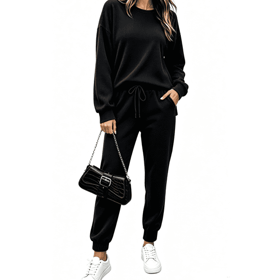 Fiophy Women's Lounge Set Waffle Knit Travel Outfits Long Sleeve Tracksuit Joggers Sets with Pockets, Black, XL