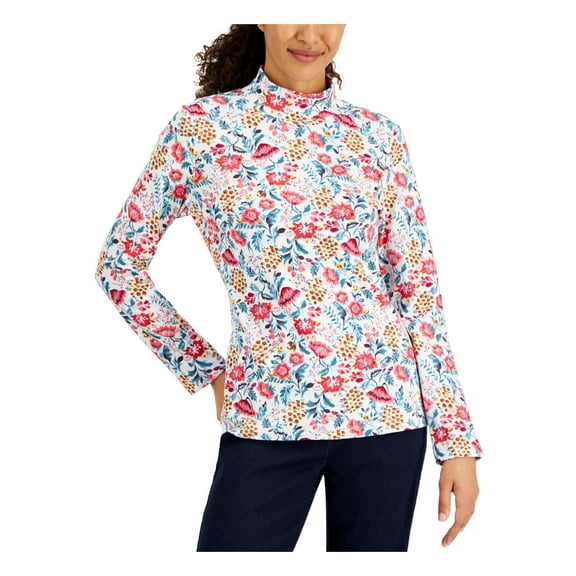 Karen Scott Womens Janelle Printed Mock Neck Top Bright White XL