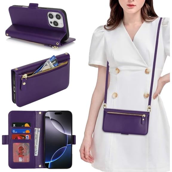 for iPhone 16 Pro Max Wallet Case for Women,Zipper Pocket,PU Leather Phone Case Stand flip Cover Crossbody Lanyard Strap Zipper Credit Card Holder Slots for Apple 16 ProMax,Dark Purple