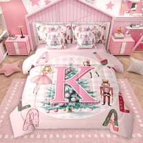 Homewish Initial K Letter Twin Bedding Sets 7-Piece for Kids, Cartoon Princess Elf Bedding Comforter Set, Pink Xmas Buffalo Plaid Reversible Sheet Sets, Ultra Soft Bedroom Decor