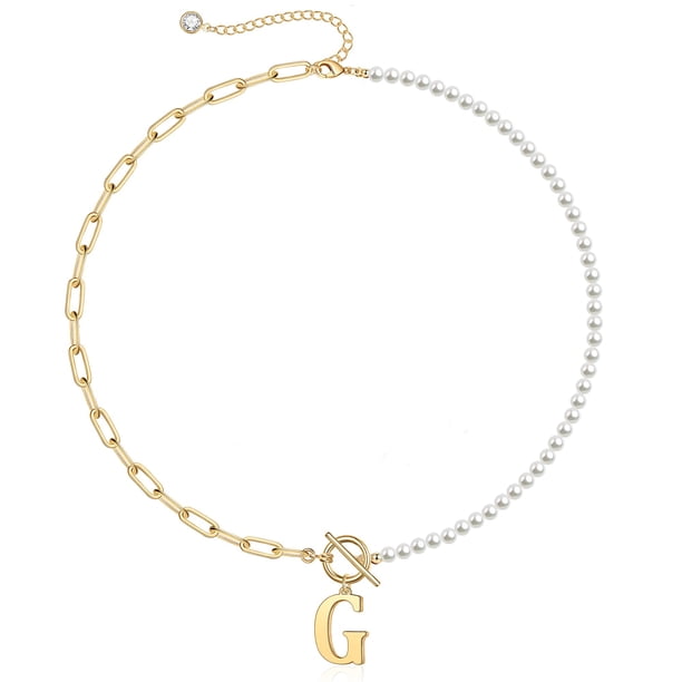 Delicado Collar De Perlas Con Inicial Para Mujer, Chapado En Oro De 14 Quilates, Cadena De Eslabones Con Clip, Collar Con Cierre De Palanca, Collares Con Iniciales, Joyería De Oro Para Mujer, Letra G