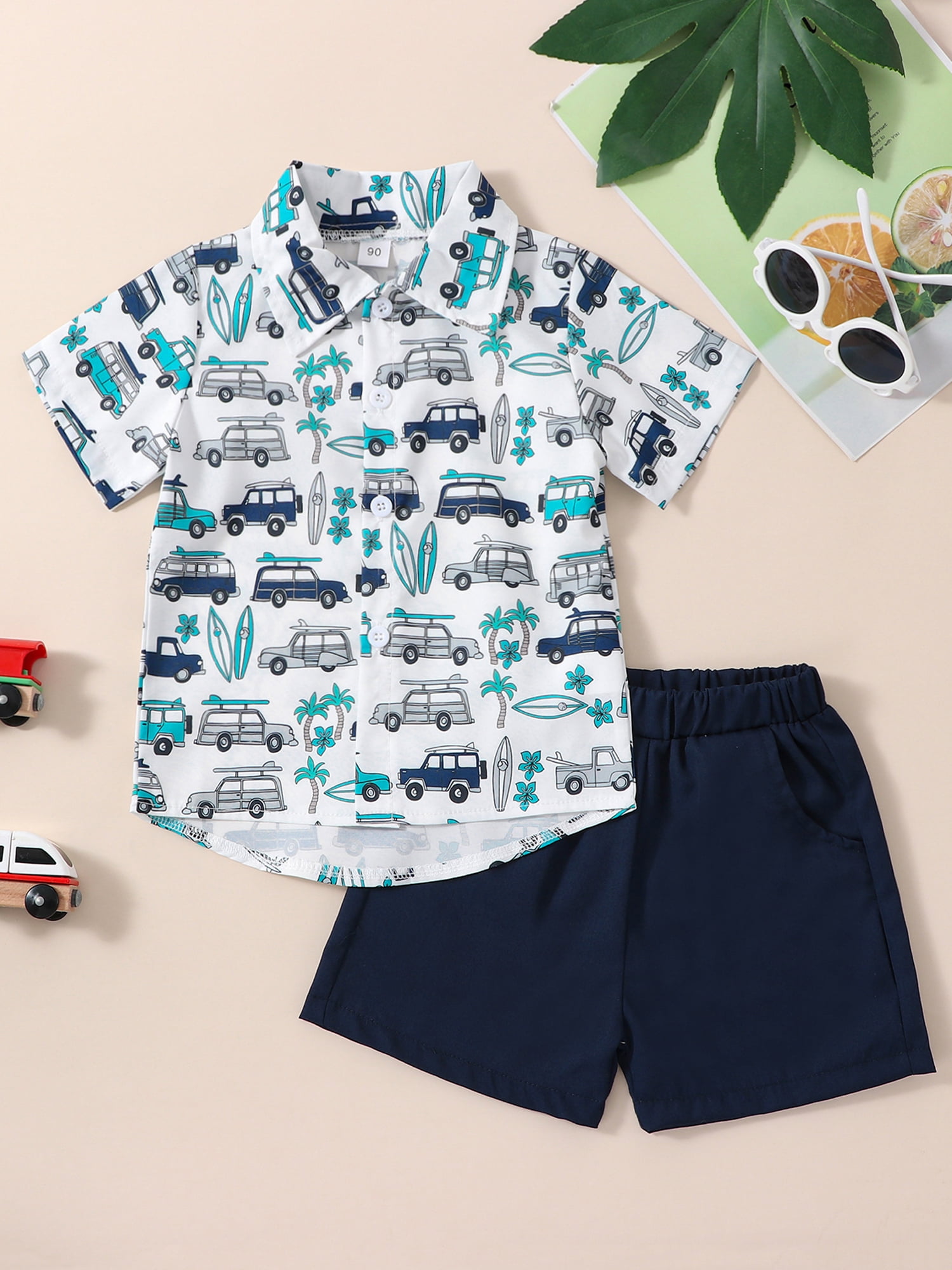 100% Cotton 2pcs Baby Boy Allover Coconut Tree Print Short-sleeve Button Up Shirt and Solid Shorts Set
