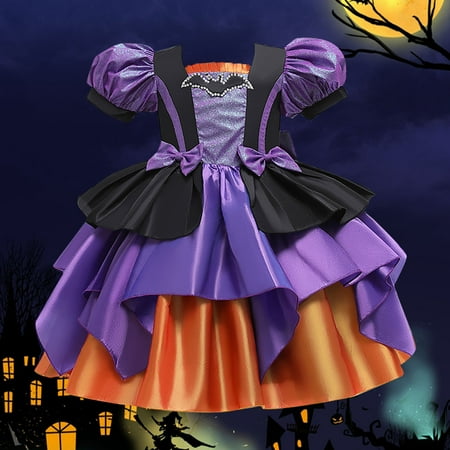 

Tejiojio Girls and Toddlers Soft Cotton Clearance Toddler Girls Halloween Silk Bow Bat Puff Sleeve Party Gown Kids Cupcake Dress