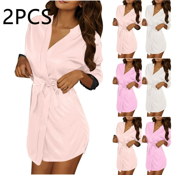 HAOTAGS 2PC Womens Bathrobe,Short Sleeve Pockets Wrap Robe Silk V Neck Sleepwear Beige Free Size