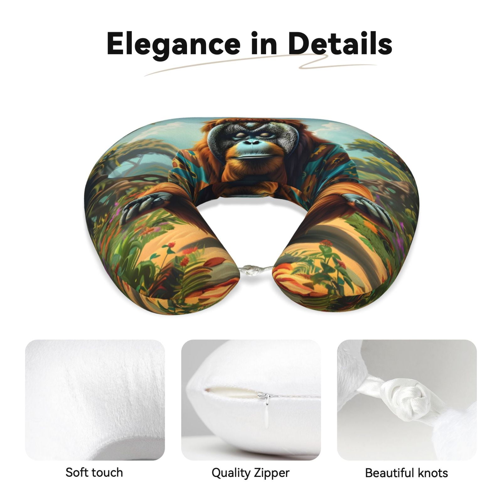 Xecao Forest Meditating Gorilla Print Memory Foam Cervical Neck Pillow Versatile U-Shaped Pillows for Home,Office,Camping,Travelling,Soft Washable Cover