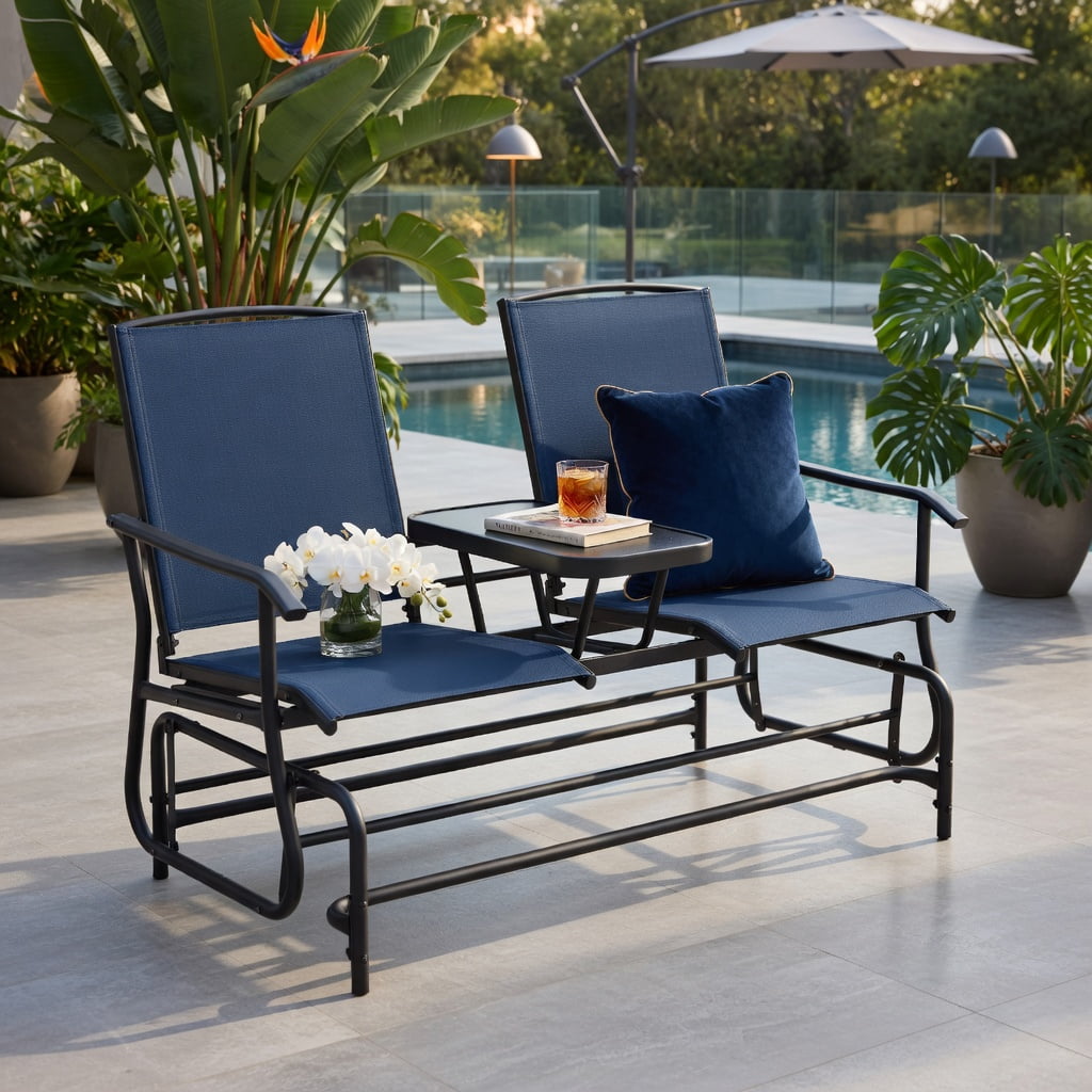 Hommoo 2-Person Outdoor Rocking Loveseat with Tempered Glass Center Table, Steel Frame & Mesh Fabric, Navy