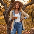 thumbnail image 3 of Stralyhd Jean Jacket Women Patchwork Collared Denim Blazer Fall Casual Shirt Jacket Long Sleeve Loose Denim Cardigan Jackets Button Down Jean Shacket Khaki S, 3 of 6