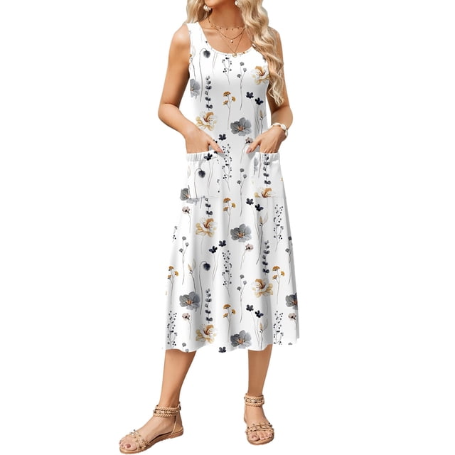Vestido Zeagoo para mujer, sin mangas, con estampado floral, midi, de verano, con bolsillos