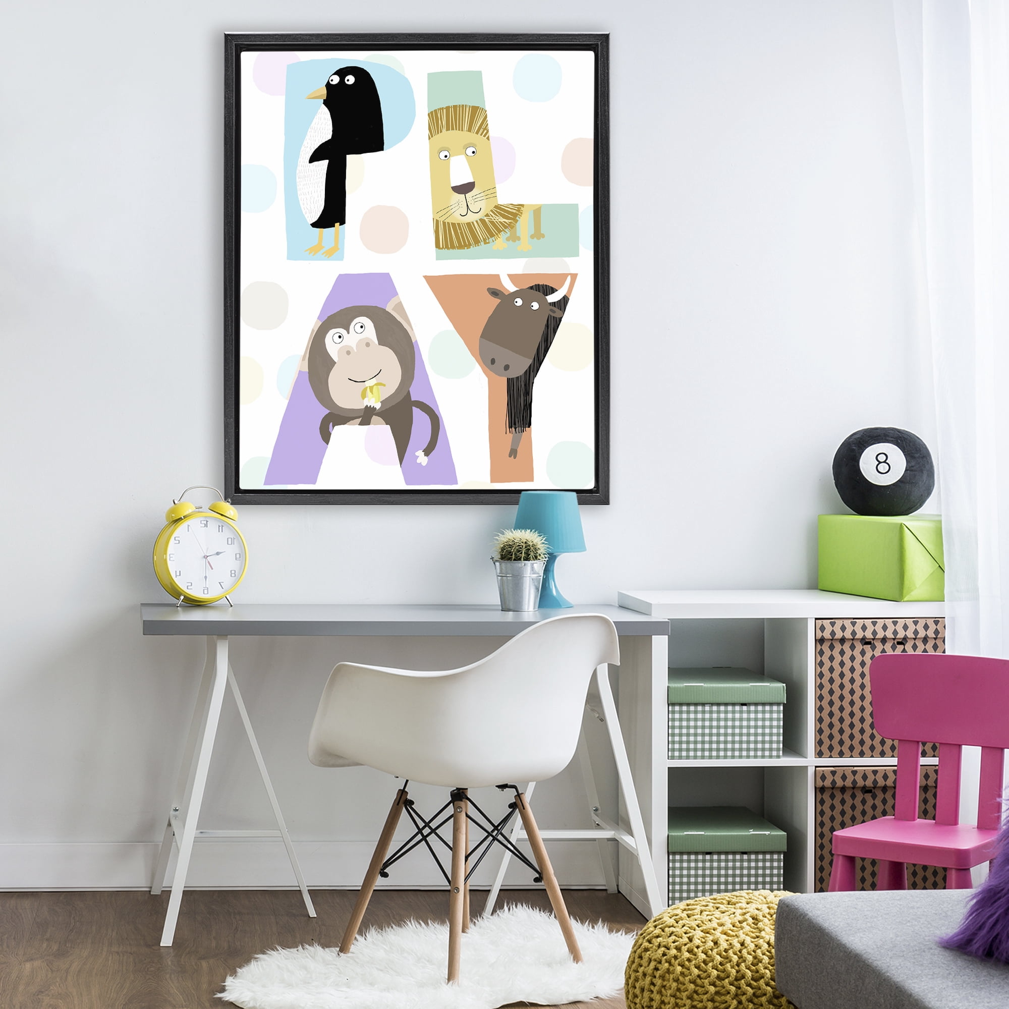 Stupell Industries Play Letters with Animals Black Framed Floater Canvas Wall Art, design by Carla Daly