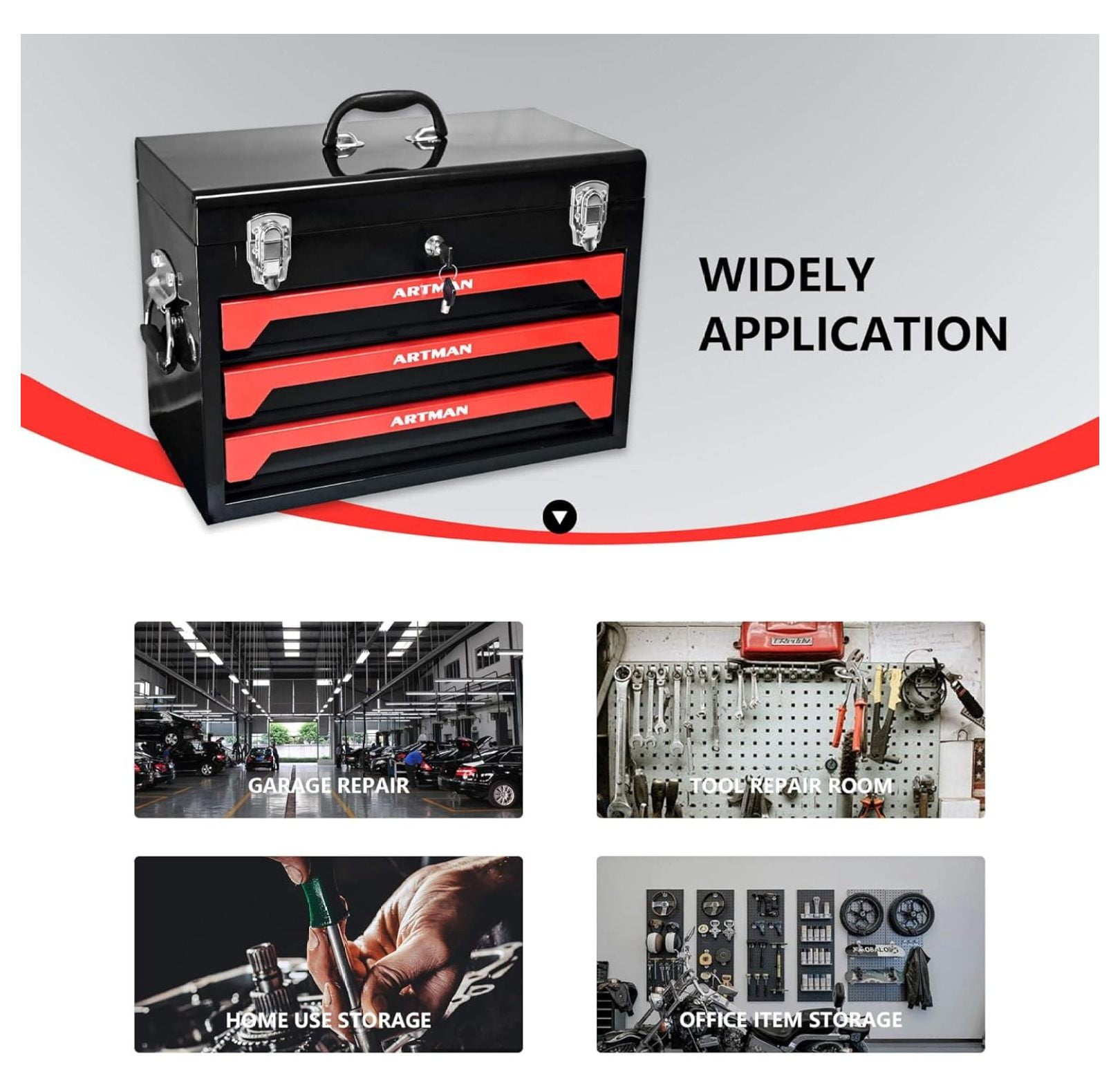 Portable 3 Drawer Tool Box - Metal Tool Box with Drawers for Parts Organizer, General Tool Chest with Metal Closure & Handles for Truck and Cars