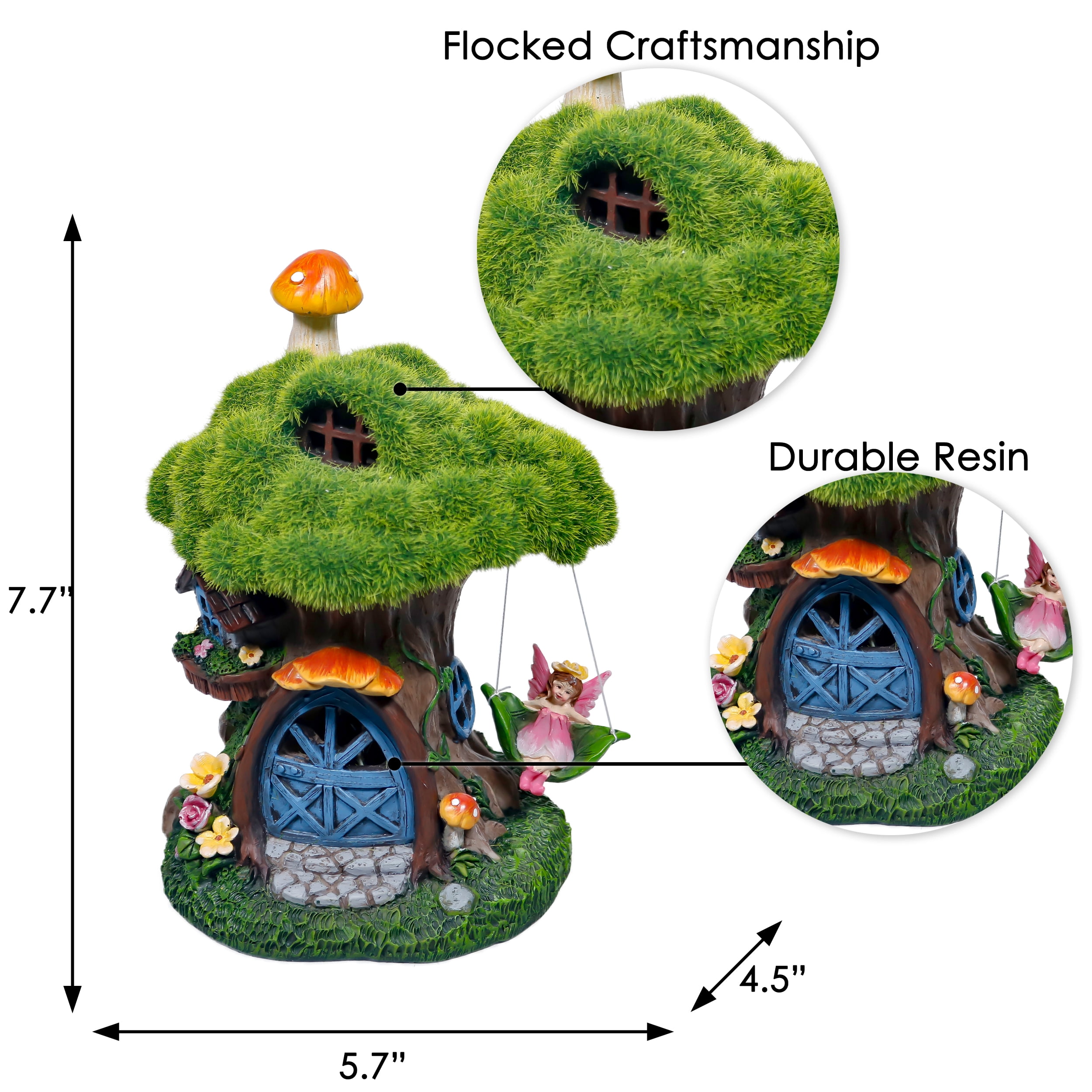 Teresa's Collections 7.9 inches Flocked Fairy House Garden Statues with Solar Lights, Resin Moss Outdoor Cottage Figurines with Fairy, Treehouse Lawn Ornaments for Patio Yard Decor