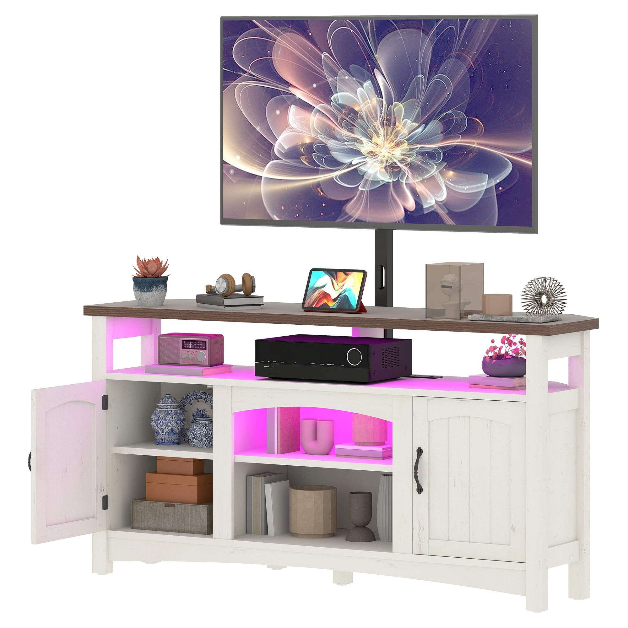 Craftian TV Stand with Mount & LED Lights, Farnhouse Entertainment Center with Power Hub for 70 Inch TV, Warm White