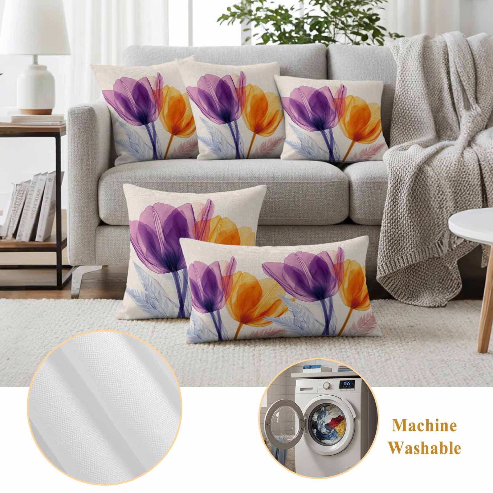 Spring Purple Pillow Covers 2 Pack Orange X-ray Tulip Flower Retro Pillowcase Waterproof Outdoor Throw Pillow Cover for Patio Garden Square Cushion 16”x16”