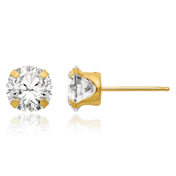 14K Solid Yellow Gold 6.5mm Cubic Zirconia CZ Stud Earrings