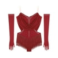 thumbnail image 5 of iiniim Women's Ruched Mesh Latin Dance Costume Tassel Samba Rumba Salsa Jazz Dance Bodysuit Top with Gloves Red XL, 5 of 7
