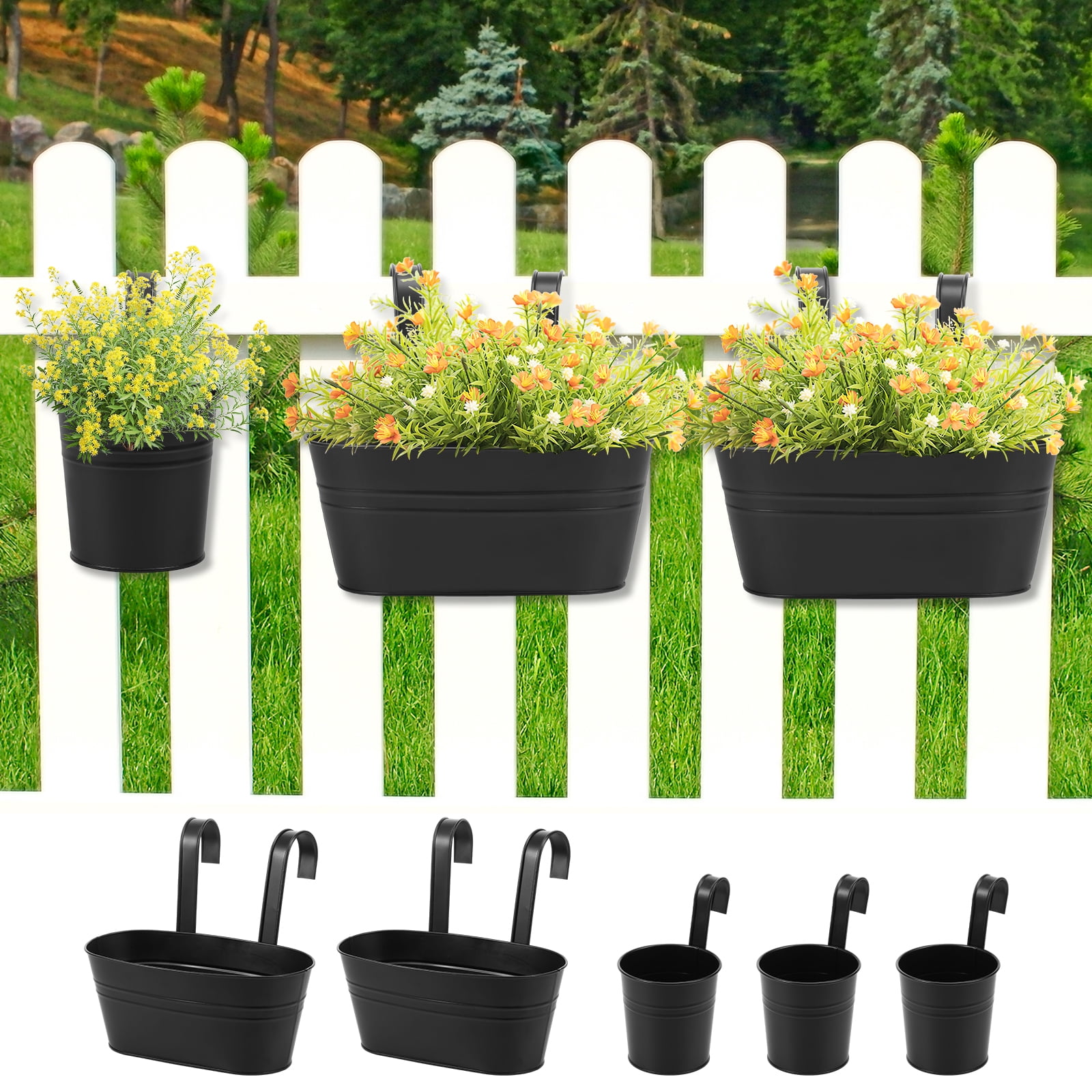 AEVXKHI 6 Pack Metal Railing Planters for Outdoor Plants, Large Iron Balcony Hanging Planter, Flower Pots with Detachable Hook and Drainage Hole, Hanging Bucket Rail Pot for Home Garden Fence