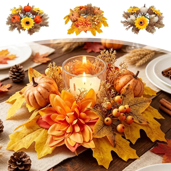 Sunshinehomely 11 Inch Fall Pumpkin Candle Ring Wreath, Artificial Maple Leaf Centerpiece for Thanksgiving Table, Harvest Festival Home Decor