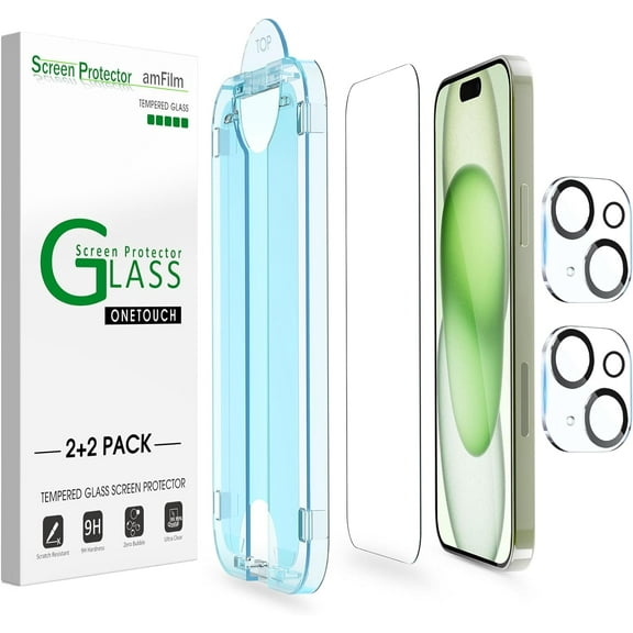 (2 2pack) amFilm for iPhone 15 Plus -OneTouch Tempered Glass Screen & Camera Lens Protector 6.7", Easiest Premium Installation Kit, Bubble Free, Case Friendly, Anti-Scratch