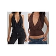 thumbnail image 3 of Argulvti Women's Summer Halter Tops Stylish Solid Ruched Slim Fit Backless Sleeveless Vest, 3 of 6