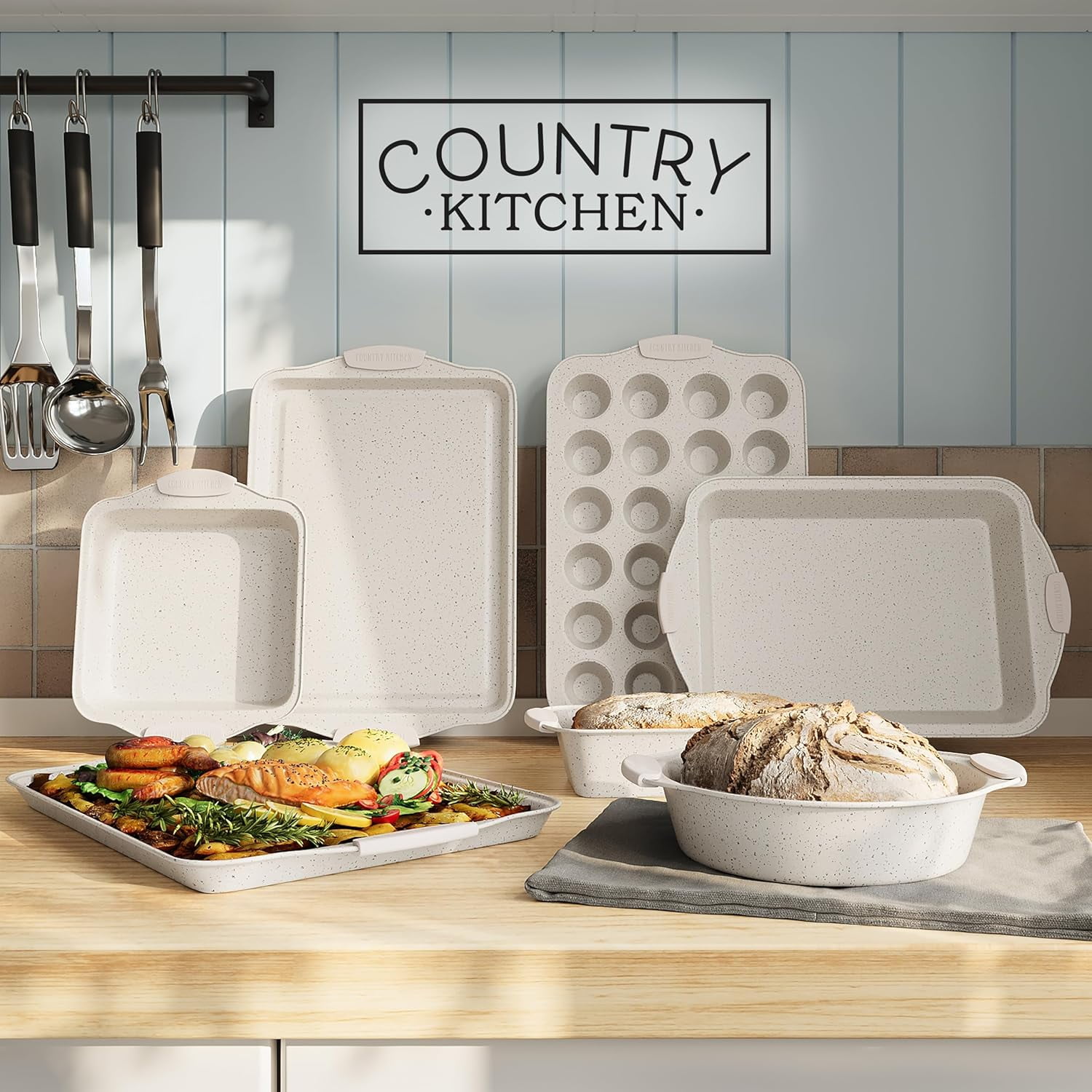 Country Kitchen 10-Piece Nonstick Bakeware Set - Stackable Pots and Pans, Cream