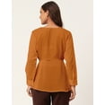 thumbnail image 3 of Moomaya Solid Cinched Waist Top, V-Neck Front Slit Buttoned Georgette Top, 3 of 8