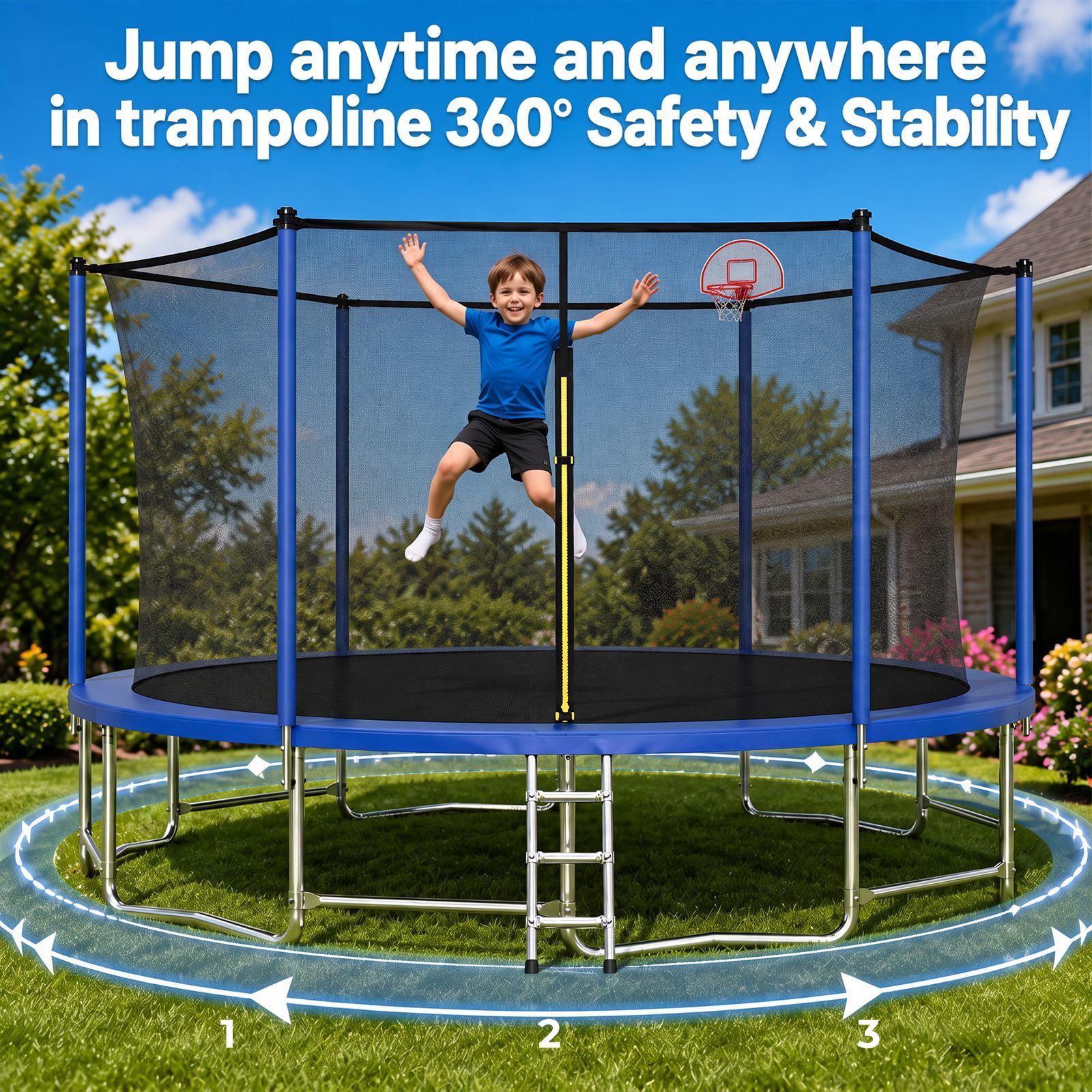 Alvantor 16Ft Trampoline for Kids & Adults, Upgrad Trampolines with Enclosure Net and Basketball Hoop for Backyard Blue