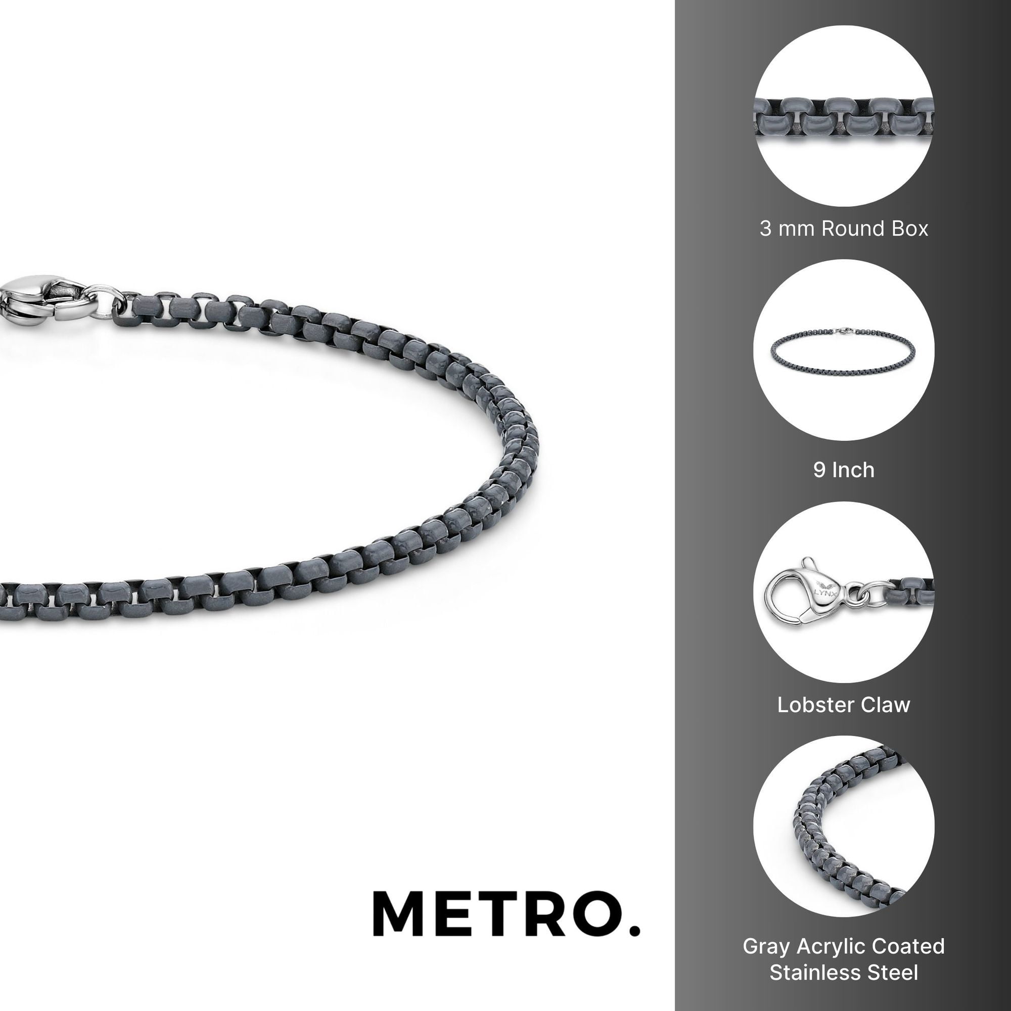 Metro Jewelry Stainless Steel Gray Acrylic Bracelet for Men 9 Inches Box Chain 3 mm Wide Lobster Claw