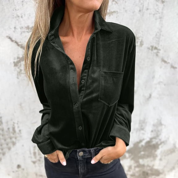 TMOYZQ Womens Velvet Tops Long Sleeve Button Down Shirt Jacket Loose Casual Spring Retro Blouse Lapel Work Office Tunic Tops with Pocket