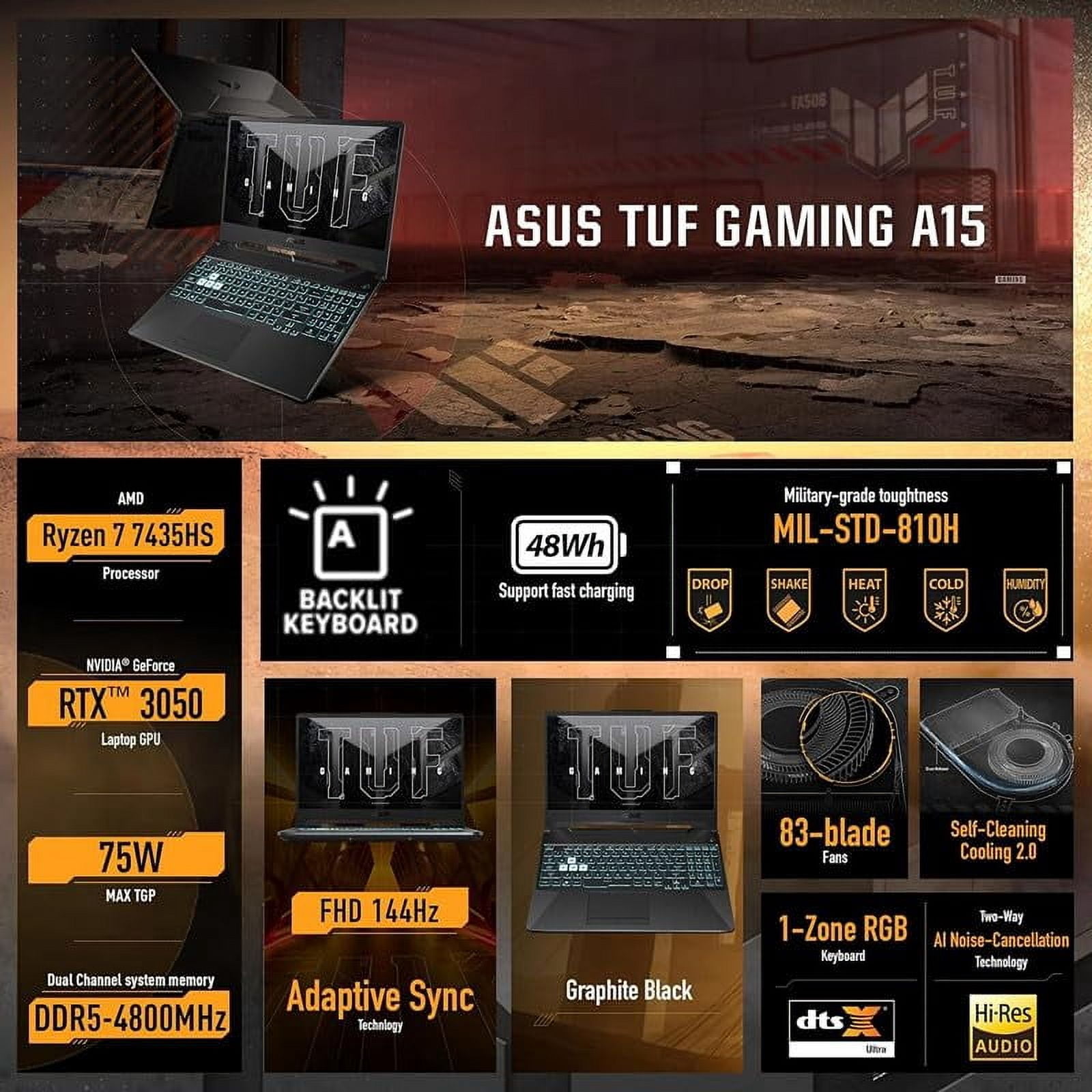ASUS TUF A15 15.6" FHD Gaming Laptop, AMD Ryzen 7 7435HS Processor, NVIDIA GeForce RTX 3050 Graphics, 32GB DDR5 RAM 1TB PCIe SSD, Wi-Fi 6, RGB Backlit Keyboard, Windows 11 Home, Black