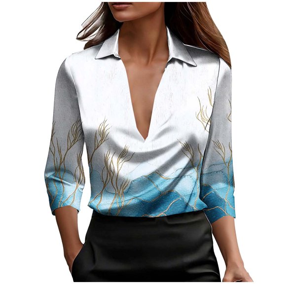 3/4 Length Sleeve Womens Tops Satin Vintage Floral Print Shirts Lapel Collar V Neck Blouses Silky Dressy T-Shirt Business Casual Outfits Going Out Tops 2026 Spring Summer Top