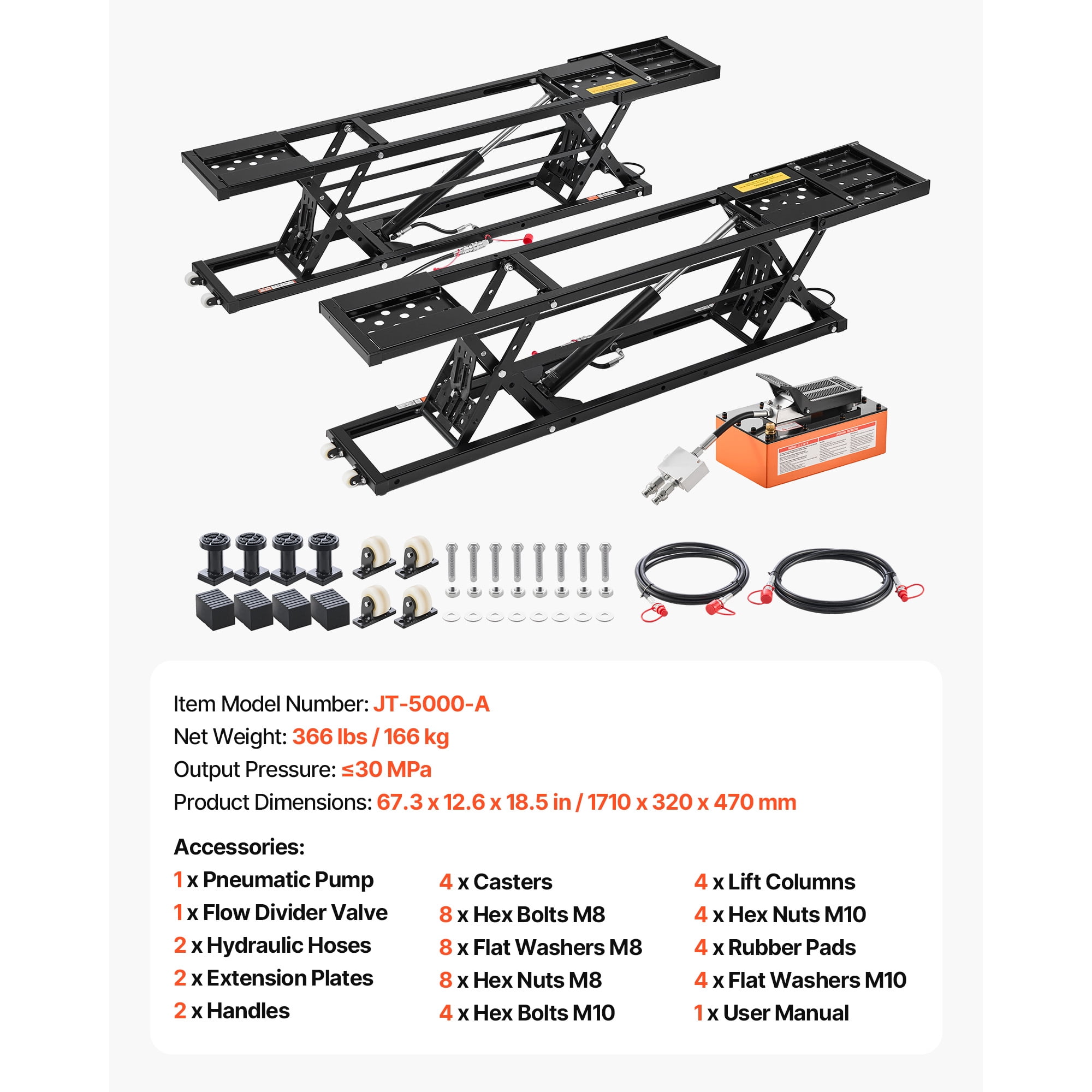 KFFKFF Portable Car Lift, 5000 lbs Capacity, Durable Quick Lift with 25.6" Max Height, Pneumatic Pump, Wheels, 4 Rubber Pads & 4 Lifting Columns