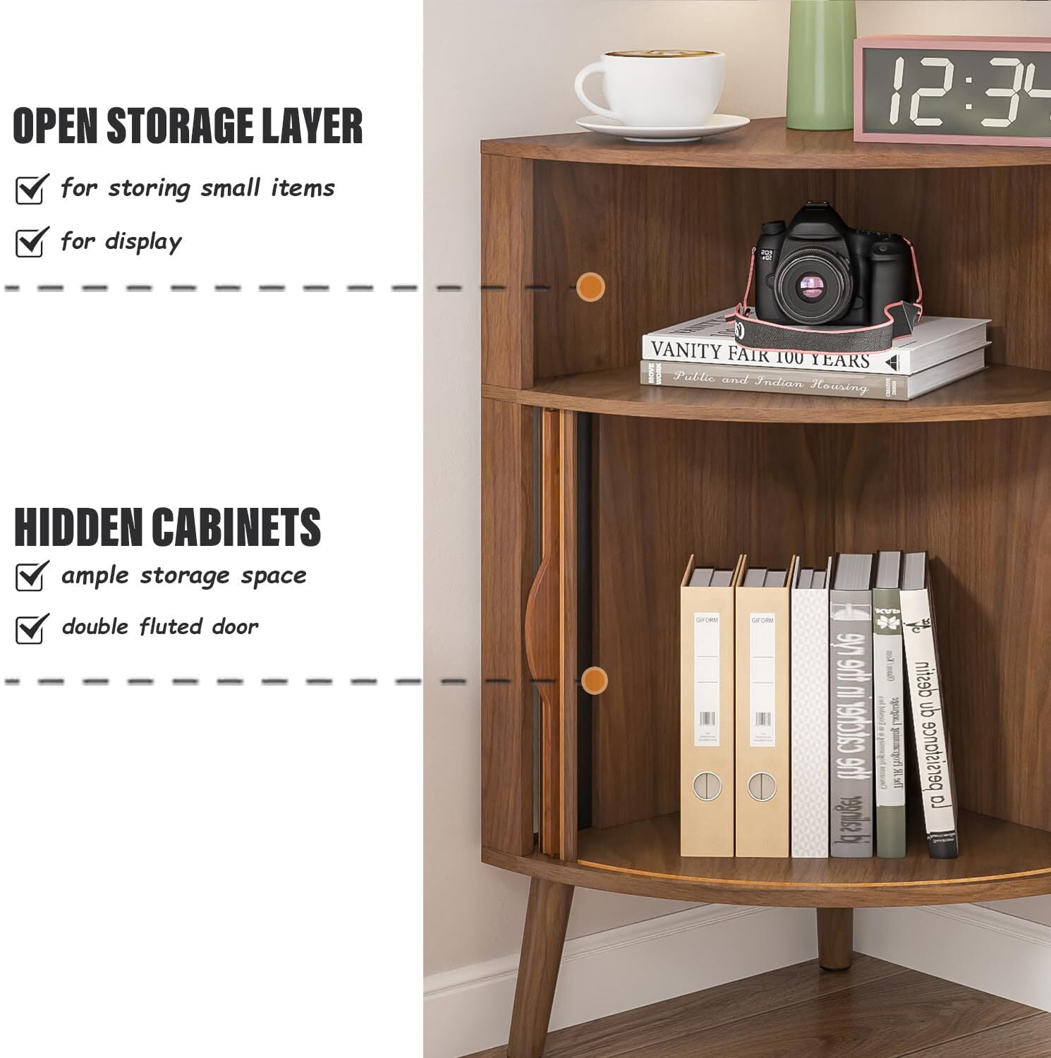 Bathroom Storage Cabinet, 31.5" Narrow Floor Corner Storage Cabinet with Fluted Doors & Shelves, Walnut