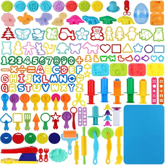 Dough Tools Set – Includes Letter & Number Cutters, Animal Cutters, Dinosaur Molds, Extruder, Scissors, Rollers, Dough Mat, Storage Bag