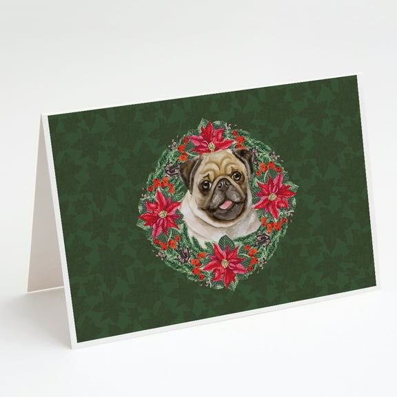 Caroline's Treasures Fawn Pug Poinsetta Wreath Christmas Greeting Cards with Envelopes, 5" x 7" (8 Count)