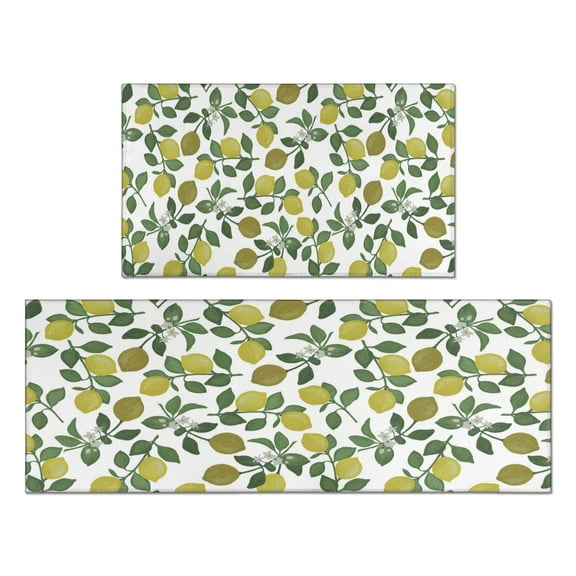 Lemon Leaves Kitchen Rugs and Mats Sets Of 2,Kitchen Decoration Rugs,Rubber Backing Non-Slip Floor Mat for Sink Washable Waterproof Laundry Room Runner Rugs