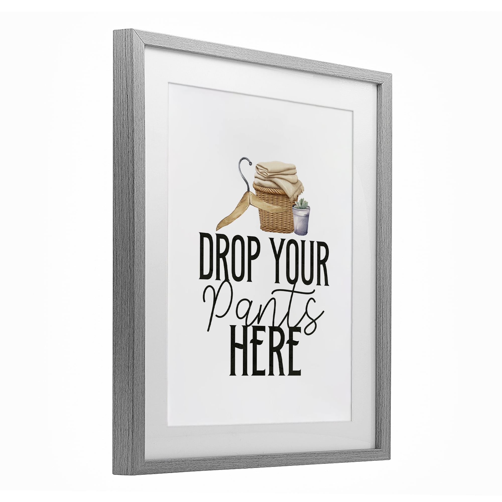 Drop Your Pants Here Minimal Gray Framed Print Under Glass, design by Kim Allen
