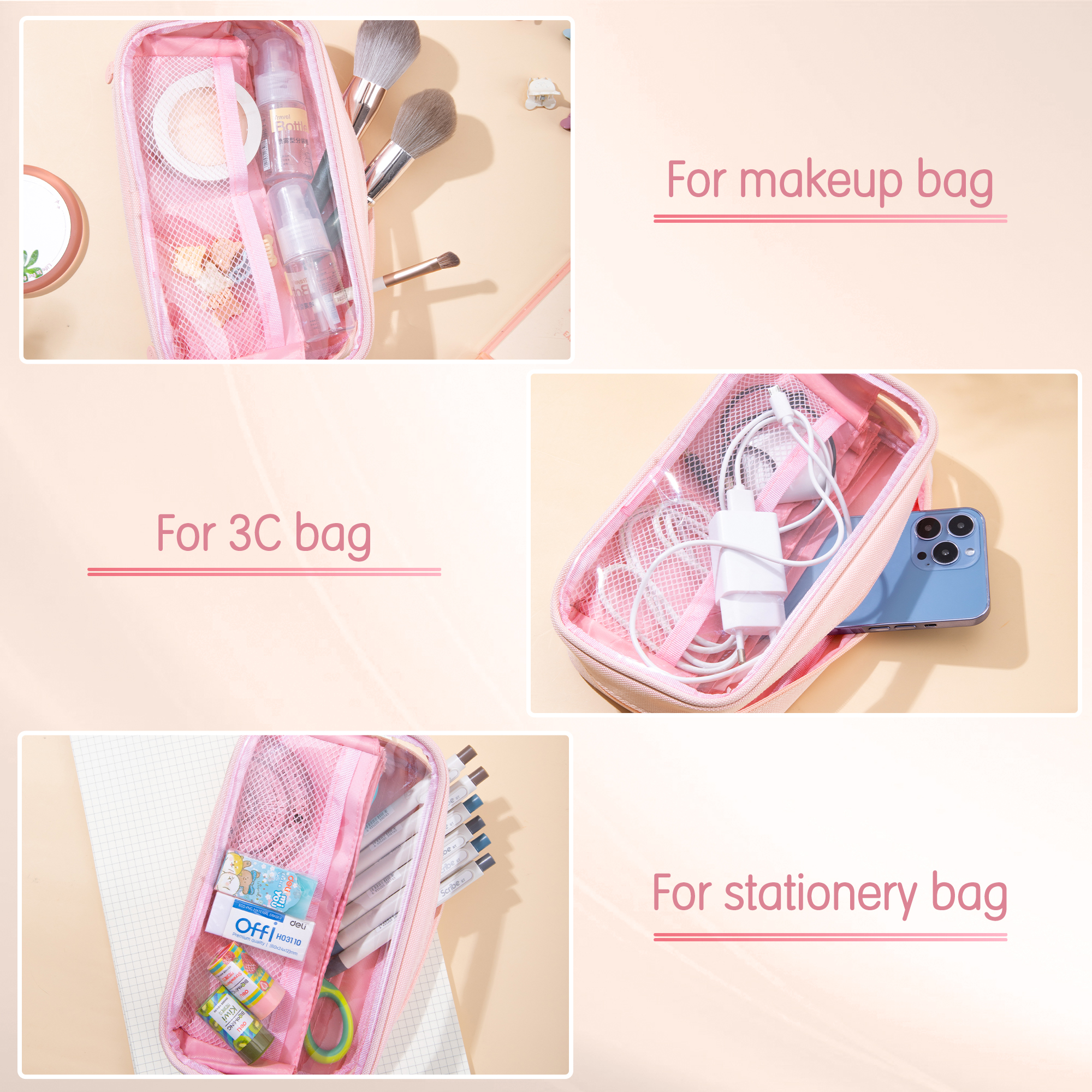 Deli Estuche para lápices para niños, gran capacidad, plegable, con 4 compartimentos, organizador de útiles escolares para estudiantes, adolescentes y oficina, rosa 2