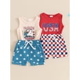 thumbnail image 4 of Aojekbee 4th of July Toddler Boys Outfits Letter/Eagle Print Sleeveless Tank Tops Stars/Checkerboard Print Shorts 2Pcs Clothes Set, 4 of 10