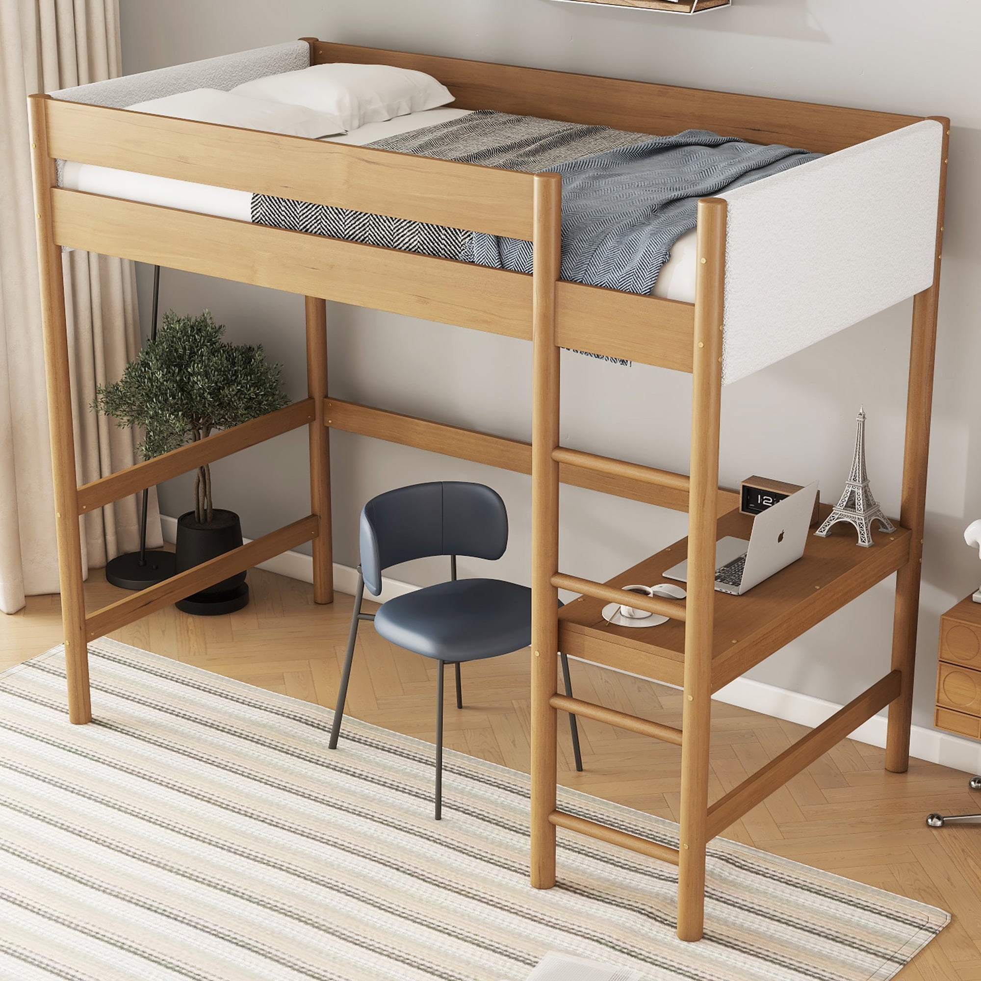 Sailvan Twin Over Twin Bunk Bed with Boucle Upholstered Headboard Footboard,Ladder, Safety Guardrail