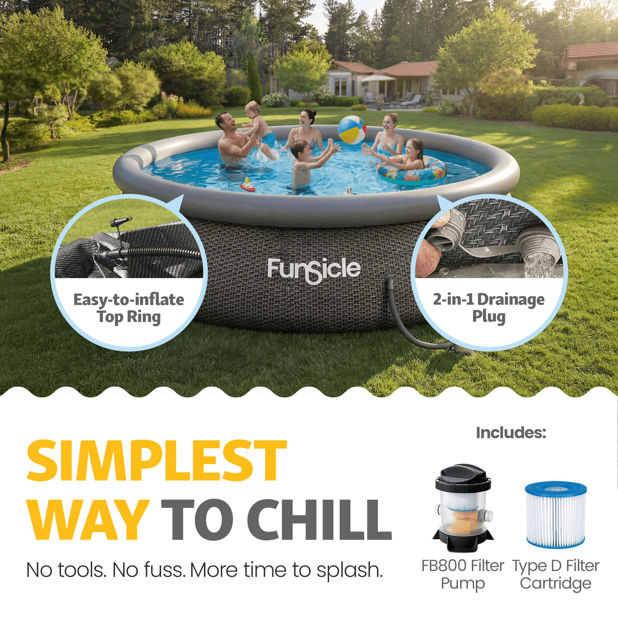 Funsicle 12' x 36" QuickSet Inflatable Ring Top Outdoor Above Ground Pool with Pump