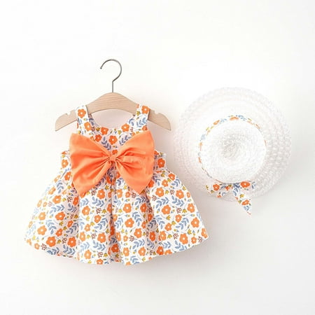 

QISIWOLE Toddler Child Baby Girl Summer Bow Print Suspender Dress With Hat summer sale