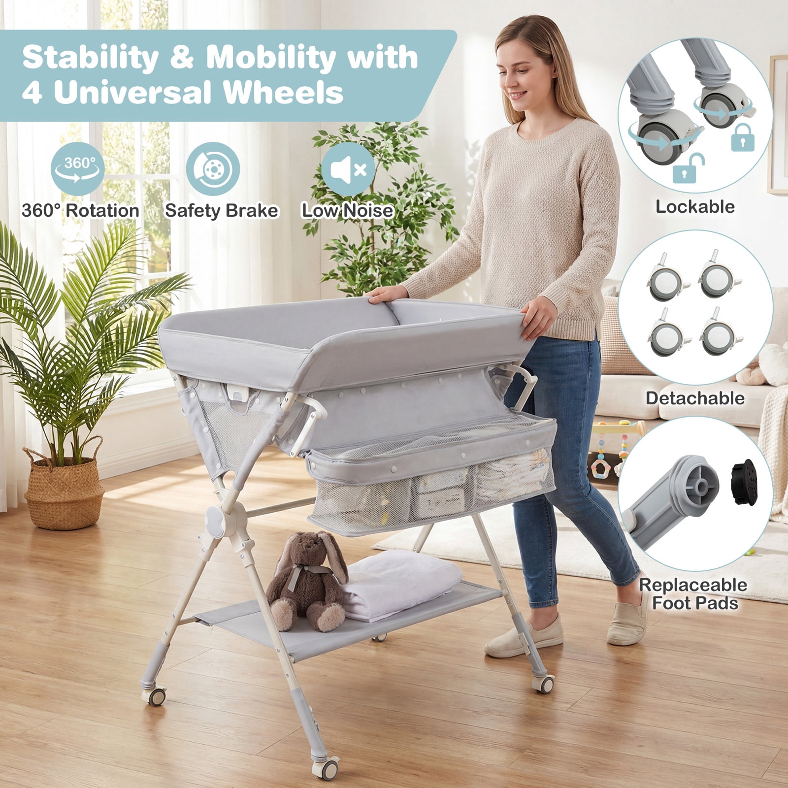 Babyjoy Baby Changing Table, Foldable Diaper Changing Station with Storage Bag & Shelf Gray