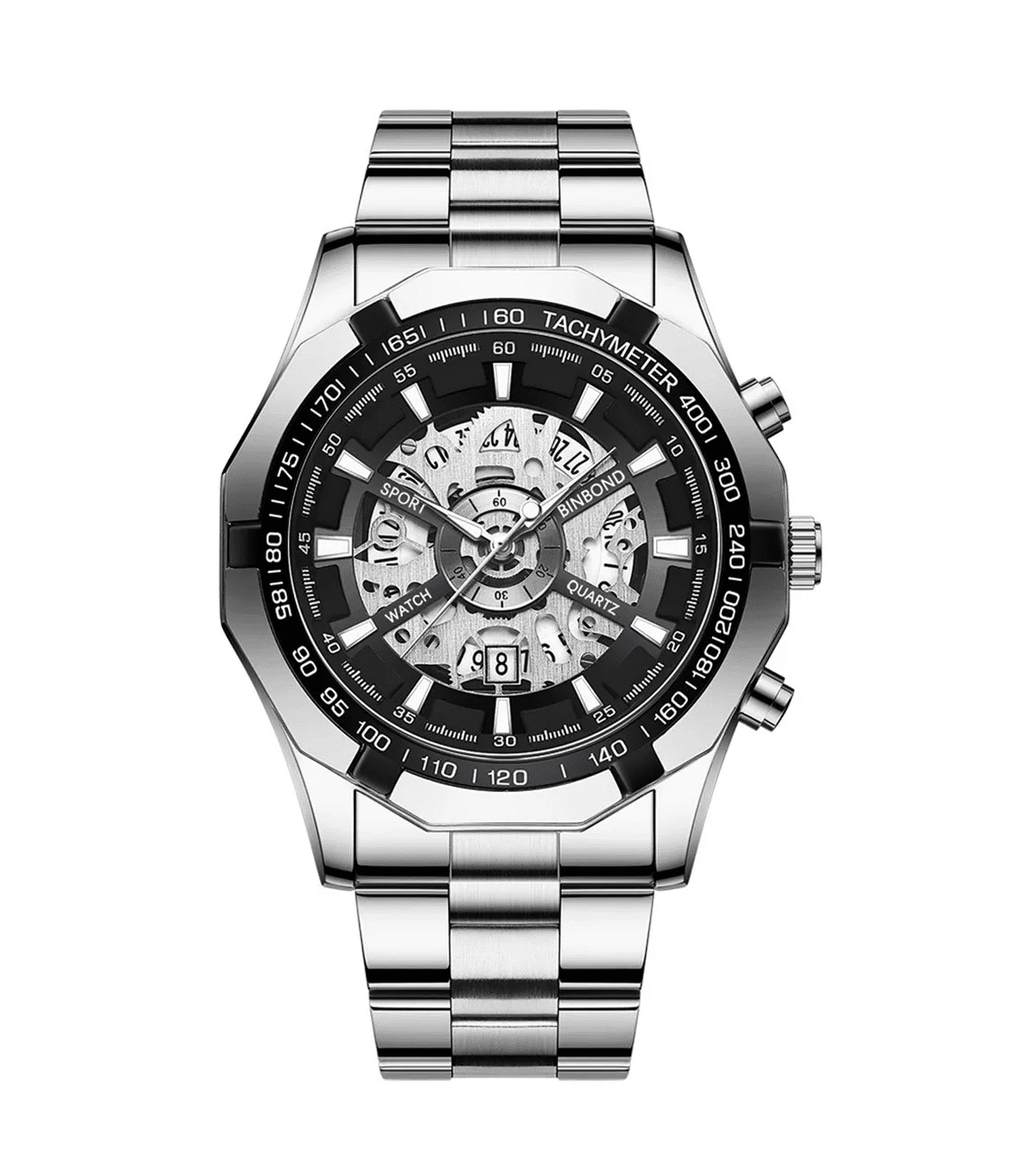 Reloj Correa Acero Luminoso Metalica Hombre Plata Fondo Negro Walmart en linea