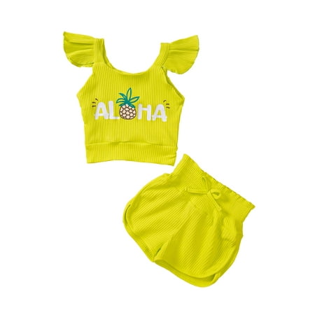 

Calsunbaby 2Pcs Kids Little Girls Summer Clothes Sets Ribbed Pineapple Letter Fly Sleeve Pullover + Shorts with Bow Green 4-5 Years