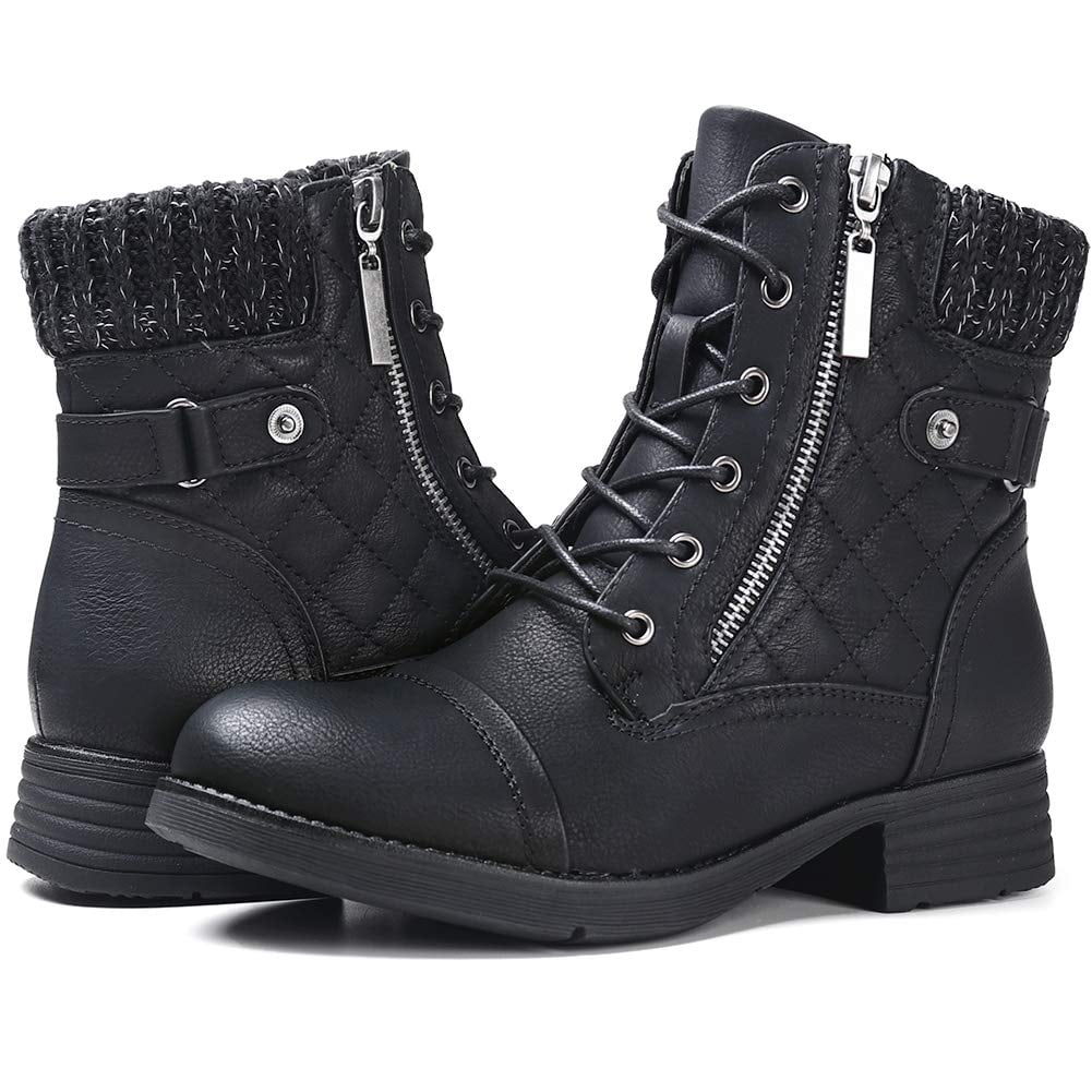 WONESION Women's Combat Boots Lace Up Leather Ankle Boots Booties