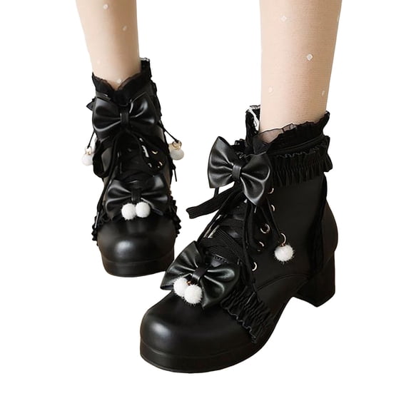 Bow Lace Platform Mid Calf Combat Boots for Women Girls Bowknot Pompom Uniform Cosplay Dress up Short Booties Black