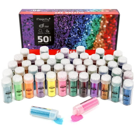 Magicfly 50 Colors Glitter Set with 6 Glow Under UV Black Light Colors, 4 Chunky Glitter with Heart Star Shape, Extra Fine Glitter Shaker Jars for Nails, Face, Slime, Crafts