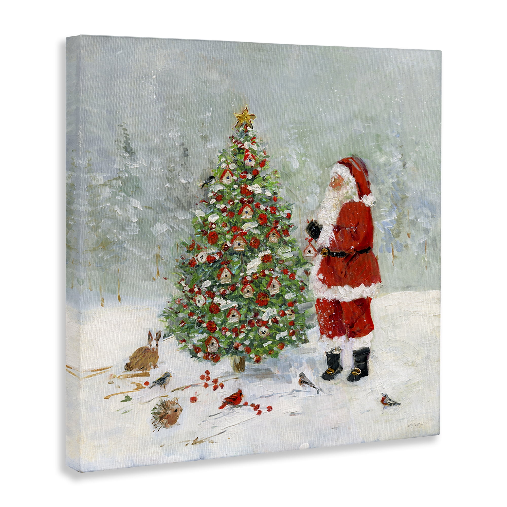 Stupell Industries Santa with Birdhouse Tree Holiday Painting Gallery Wrapped Canvas Art Prints Wall Art, 17 x 17